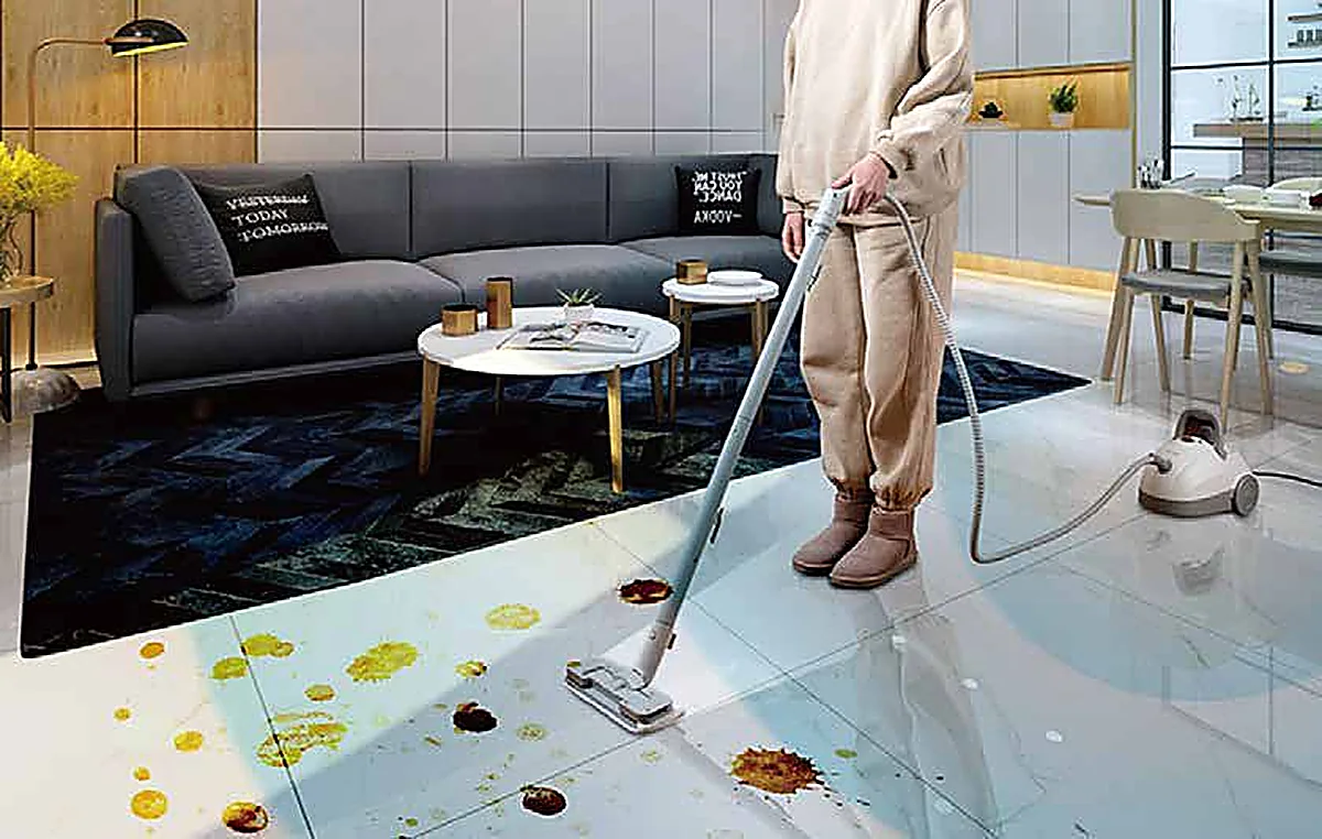 Canister steam cleaner cleaning a floor
